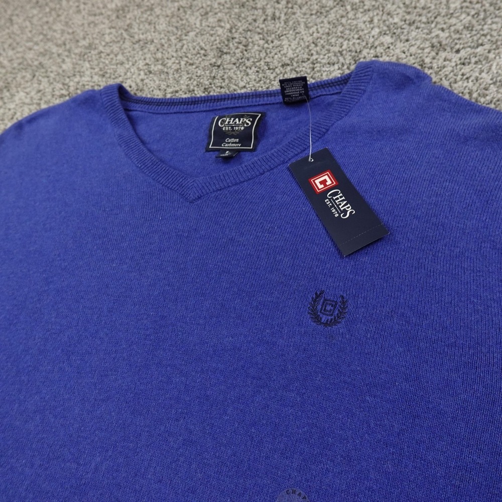 NEW Chaps Sweater Mens Large Blue Cotton Cashmere Pullover V Neck Lightweight